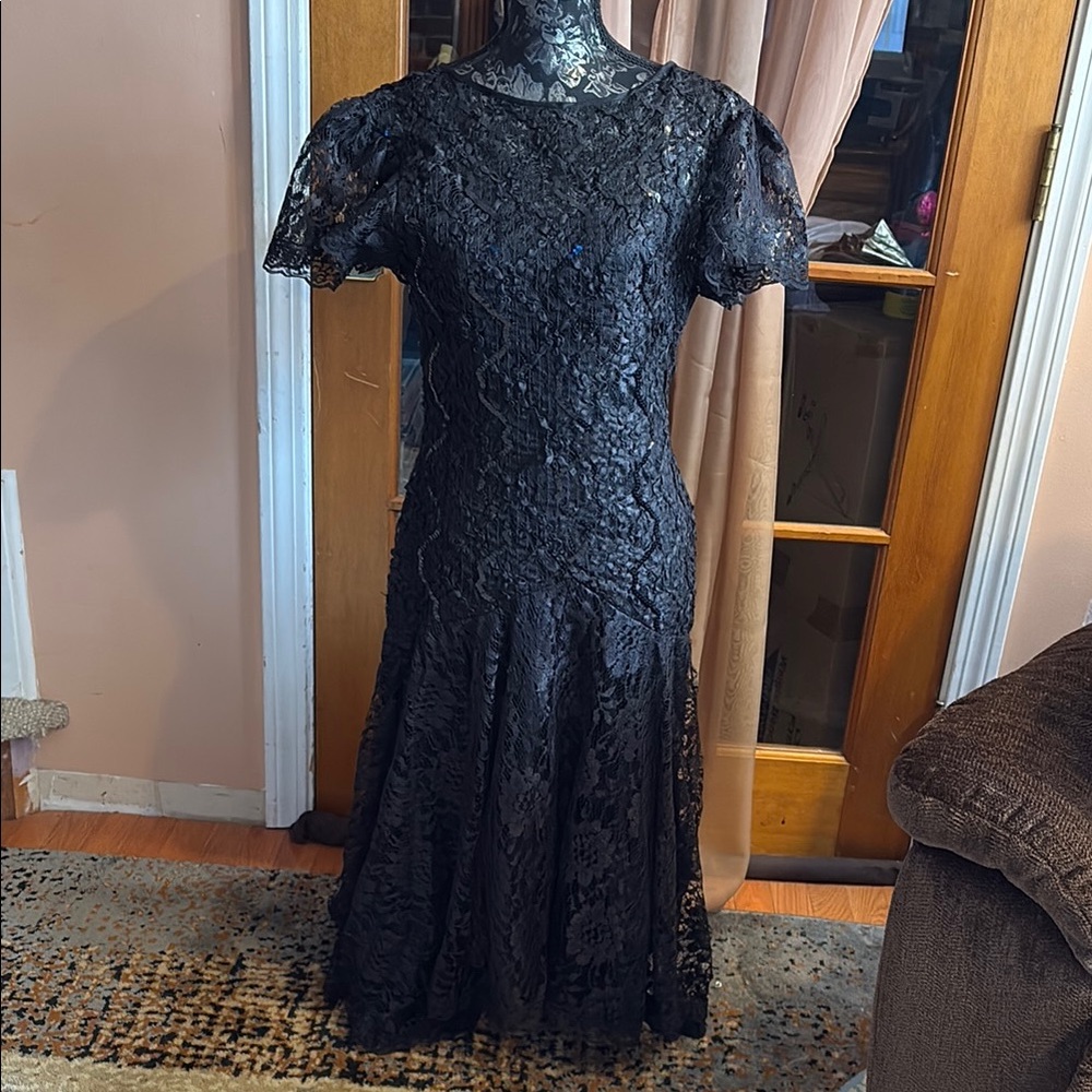 HW Collections Vintage Elegant Black Lace Dress, 8
